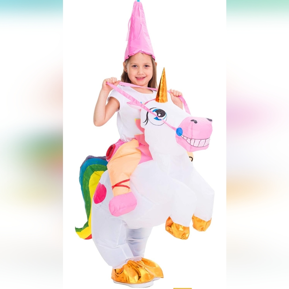 Kids inflatable ride on unicorn costume size 4-6 yr old RAINBOW!